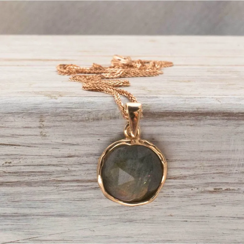 14K Rose Gold Round Brown Labradorite 12mm Pendant