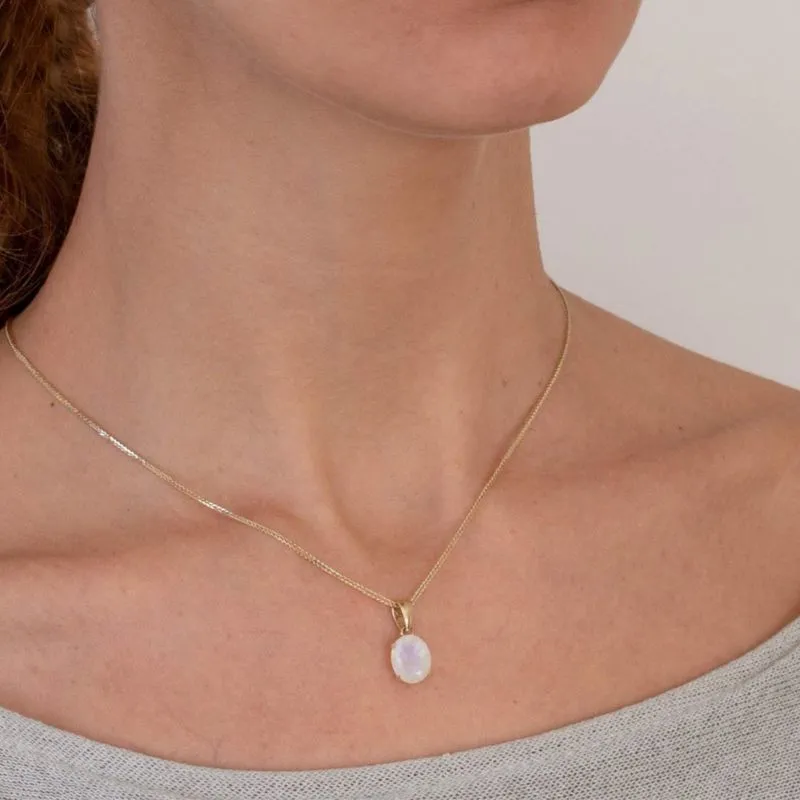 14K Yellow Gold Round White Moonstone 8X10mm Pendant