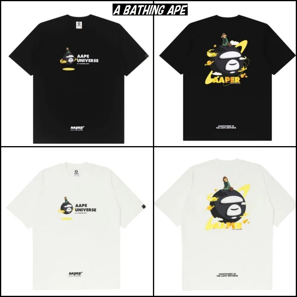 A BATHING APE  |Crew Neck Pullovers Plain Cotton Short Sleeves Logo