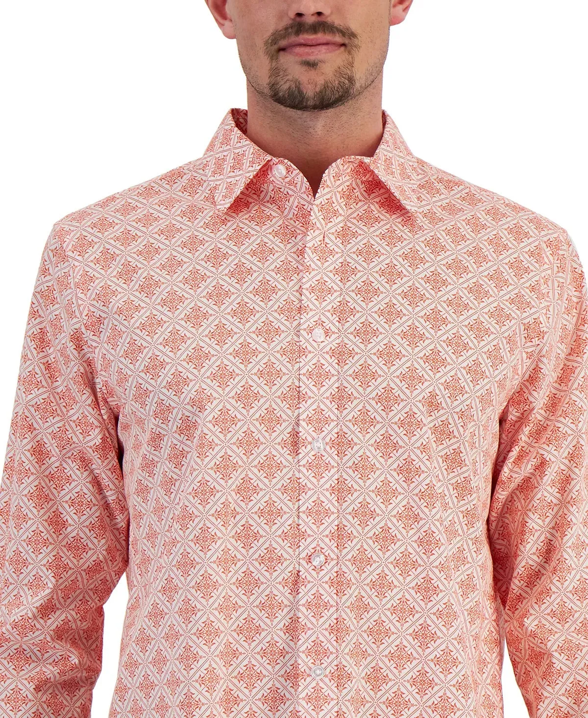 Club Room Men's Regular Fit Medallion Print Poplin Shirt Orange Size Medium