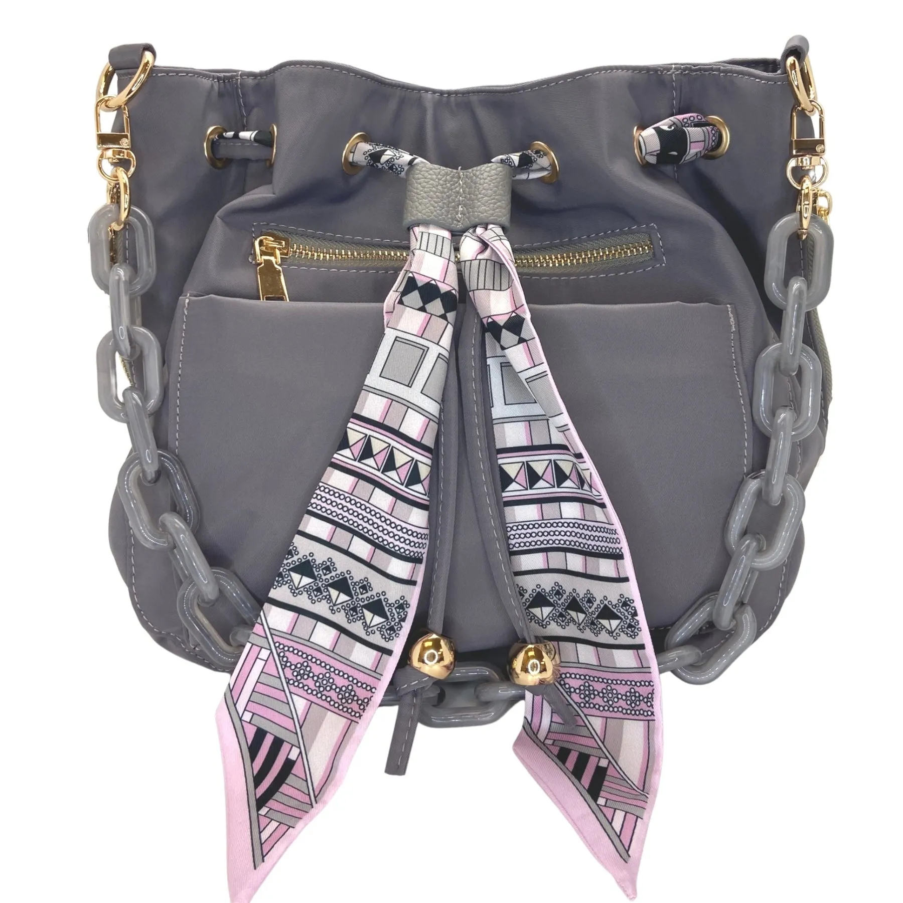 Crossbody Bucket Bag with Scarf/Chain