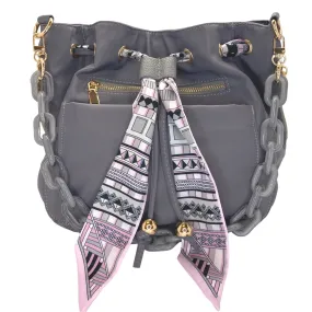 Crossbody Bucket Bag with Scarf/Chain