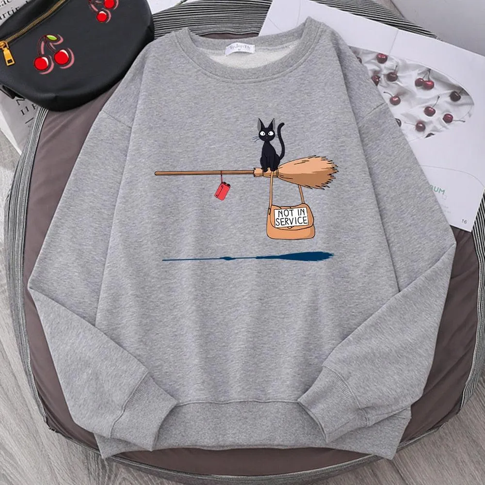 Cute Cat Not In Service Print Hoodies Women Casual Crewneck Sportswear Fleece Warm Fleece Sweatshirt Loose Hoody Autumn Clothes