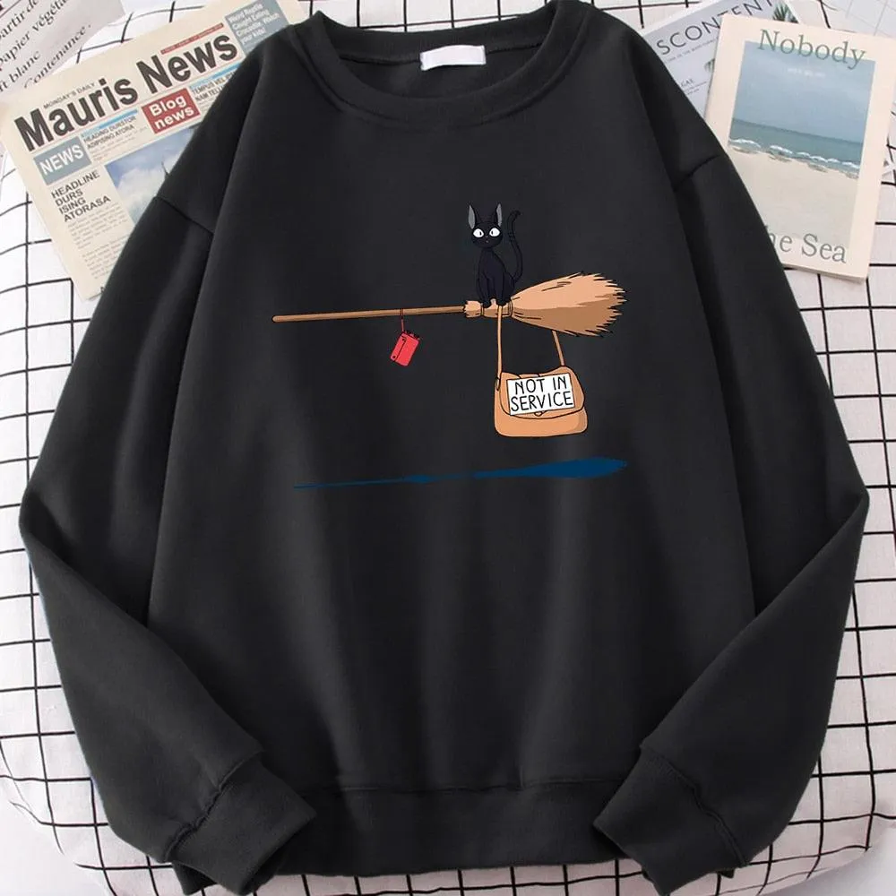 Cute Cat Not In Service Print Hoodies Women Casual Crewneck Sportswear Fleece Warm Fleece Sweatshirt Loose Hoody Autumn Clothes