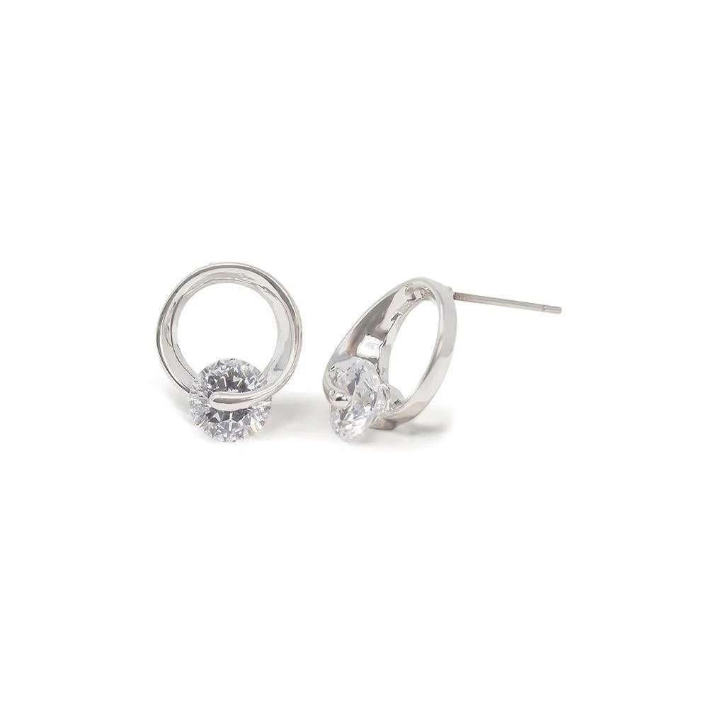 CZ Twisted Stud Earrings Rhodium Plated