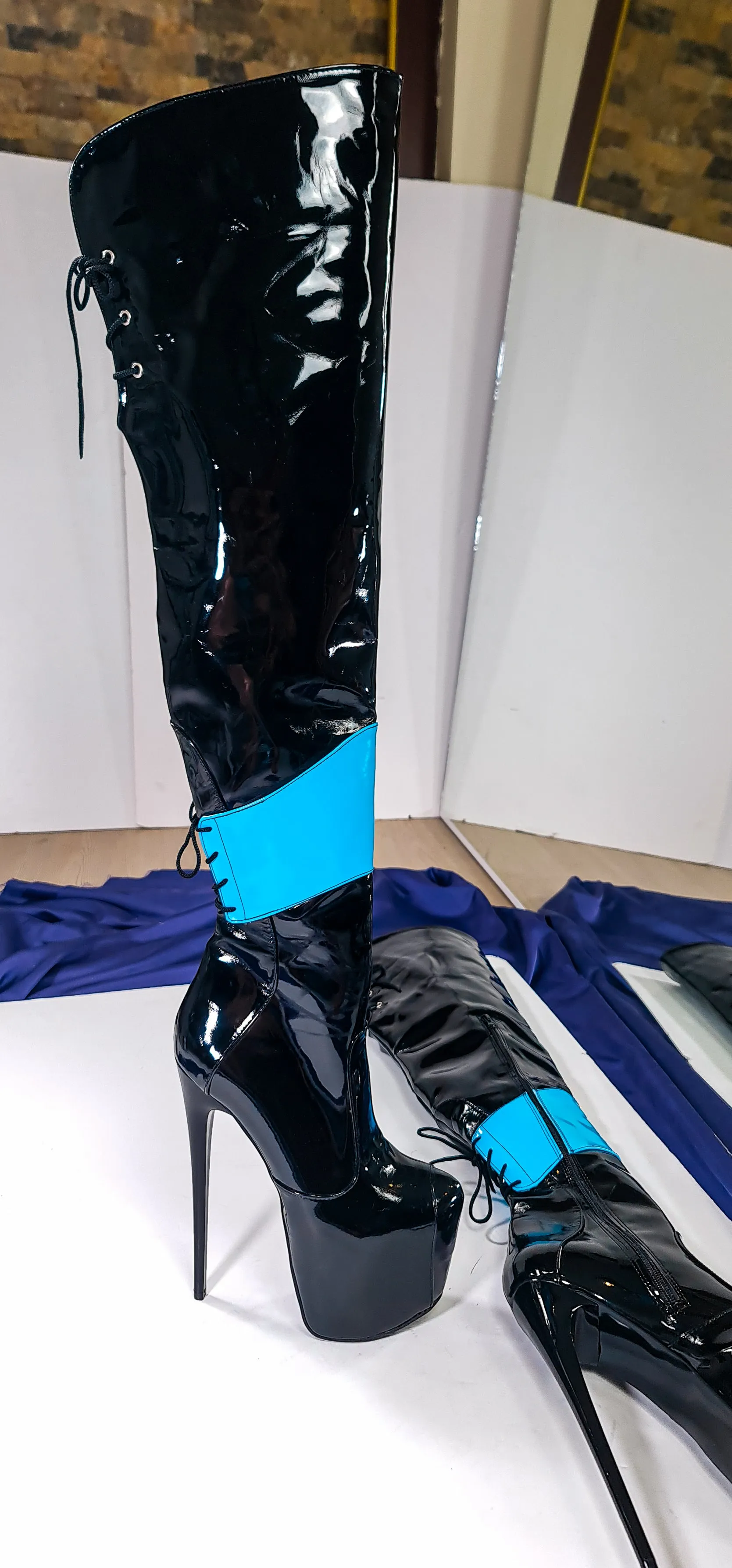 Double Colour Over The Knee Blue Black Patent Boots