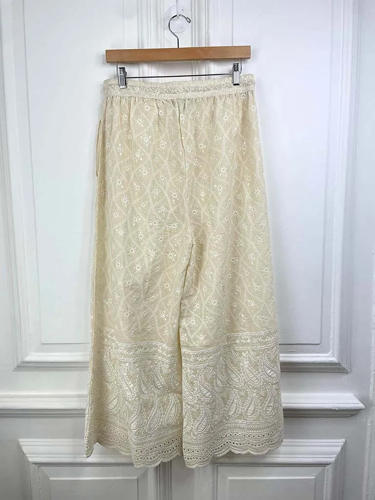 Embroidered Sequin Palazzo Trousers - Stone