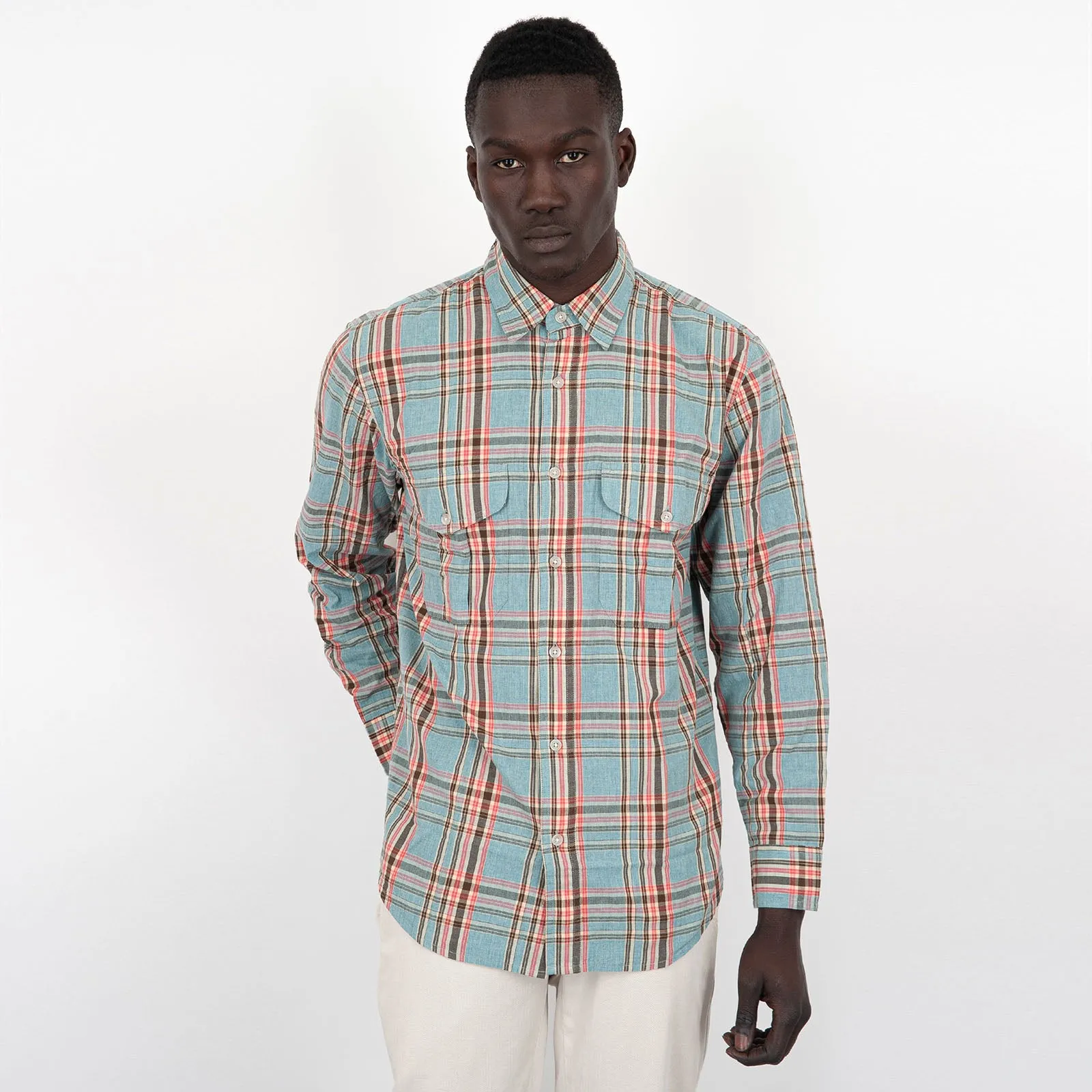 Filson Camicia Washed Feather Cloth in Cotone Celeste