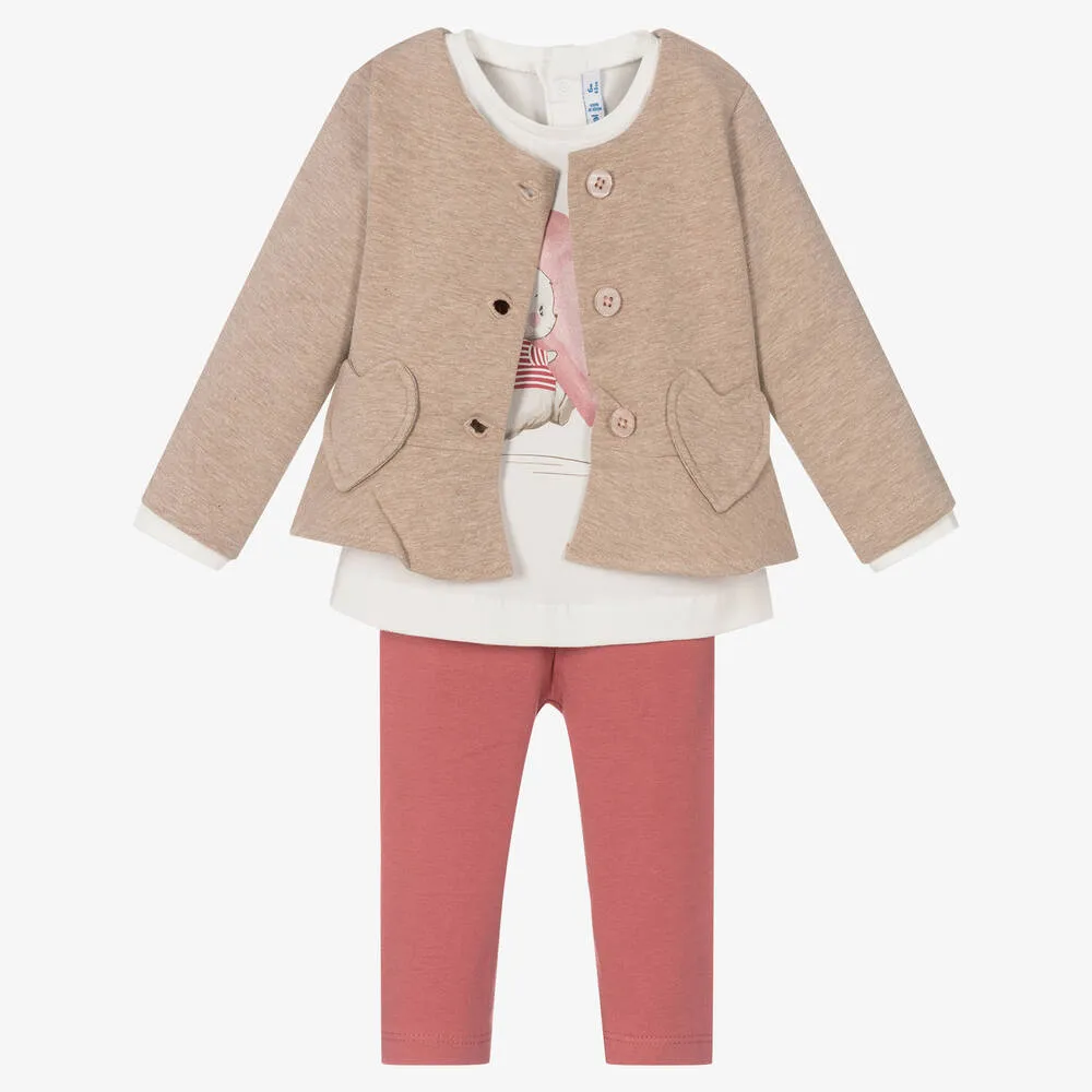 Girls Beige & Pink Leggings Set