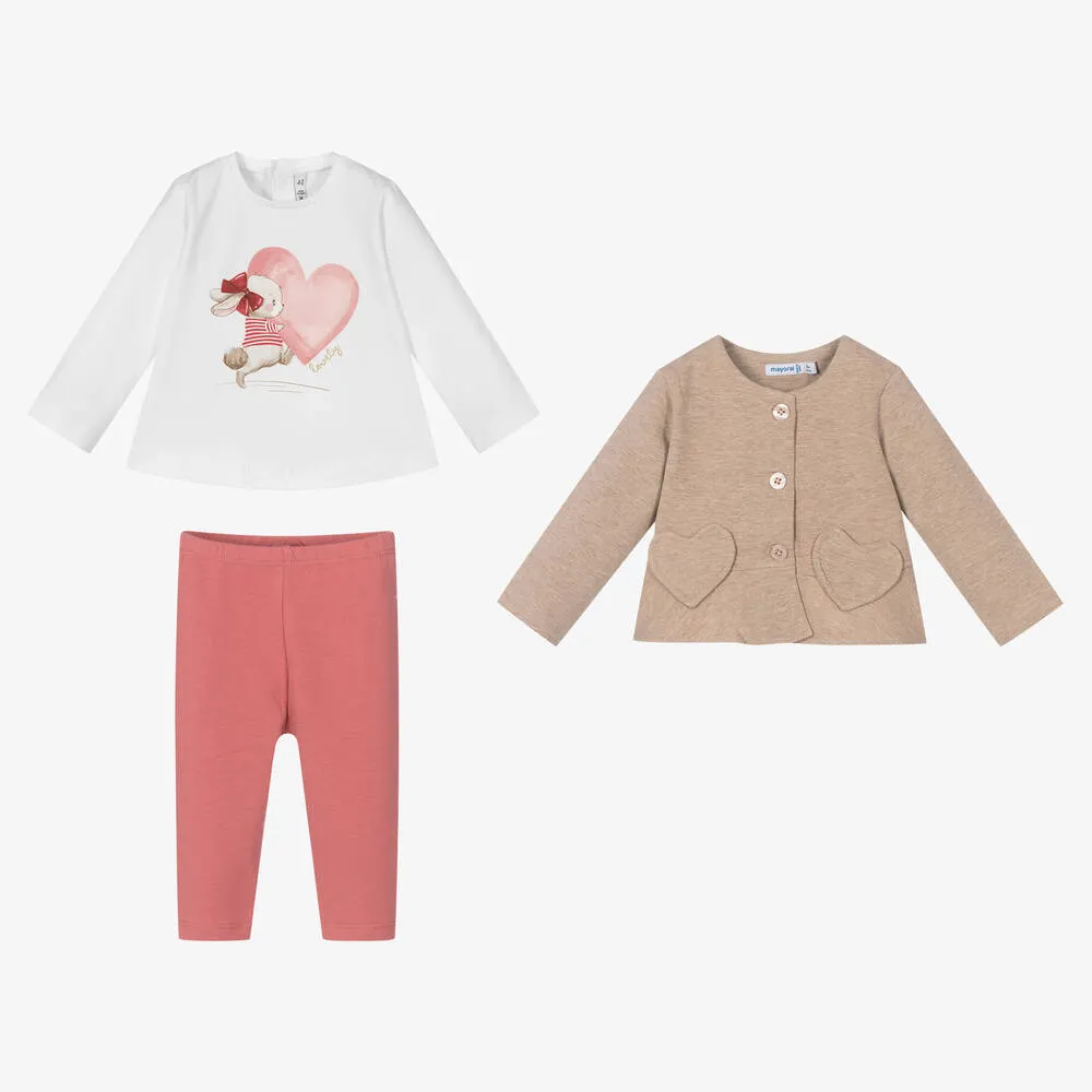 Girls Beige & Pink Leggings Set