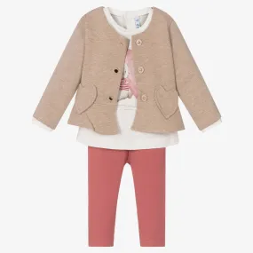 Girls Beige & Pink Leggings Set