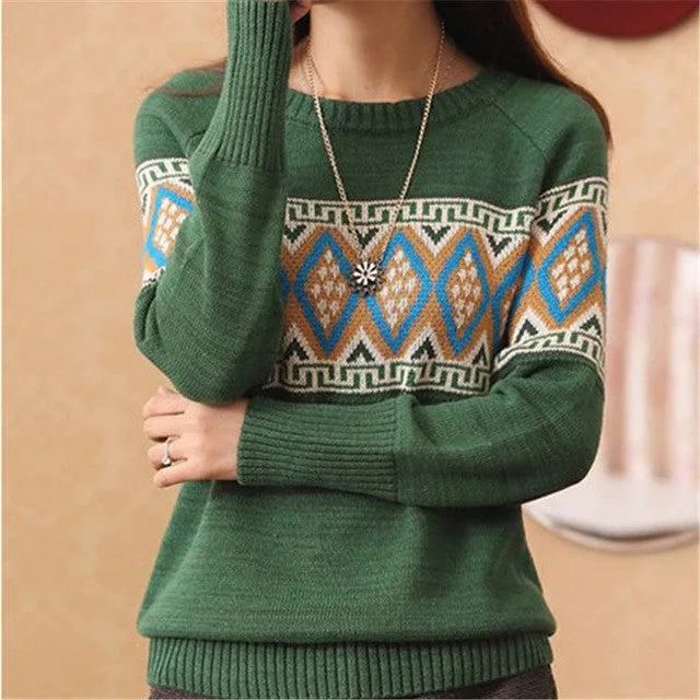 Hot! New Fashion Female Pullovers Knitted Full Sleeve O-neck Autumn Geometric Print Knitted Sweaters 71227 GS