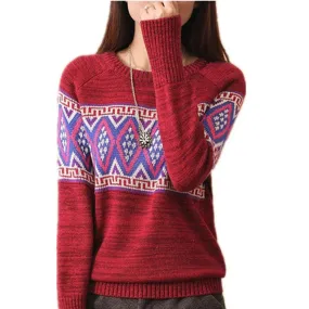 Hot! New Fashion Female Pullovers Knitted Full Sleeve O-neck Autumn Geometric Print Knitted Sweaters 71227 GS