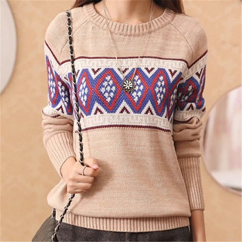 Hot! New Fashion Female Pullovers Knitted Full Sleeve O-neck Autumn Geometric Print Knitted Sweaters 71227 GS