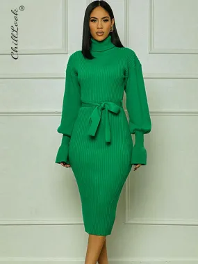 Knit Turtleneck Lantern Sleeve Midi Dress Women 2023 Autumn Winter Green Skinny Hip Package Dresses Female Elegant Belt Vestido