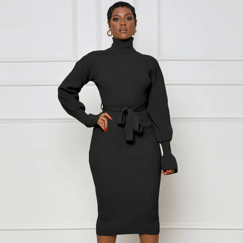 Knit Turtleneck Lantern Sleeve Midi Dress Women 2023 Autumn Winter Green Skinny Hip Package Dresses Female Elegant Belt Vestido