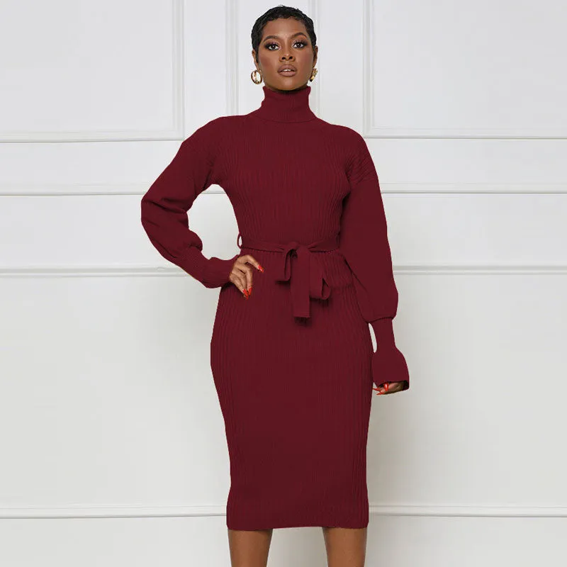 Knit Turtleneck Lantern Sleeve Midi Dress Women 2023 Autumn Winter Green Skinny Hip Package Dresses Female Elegant Belt Vestido