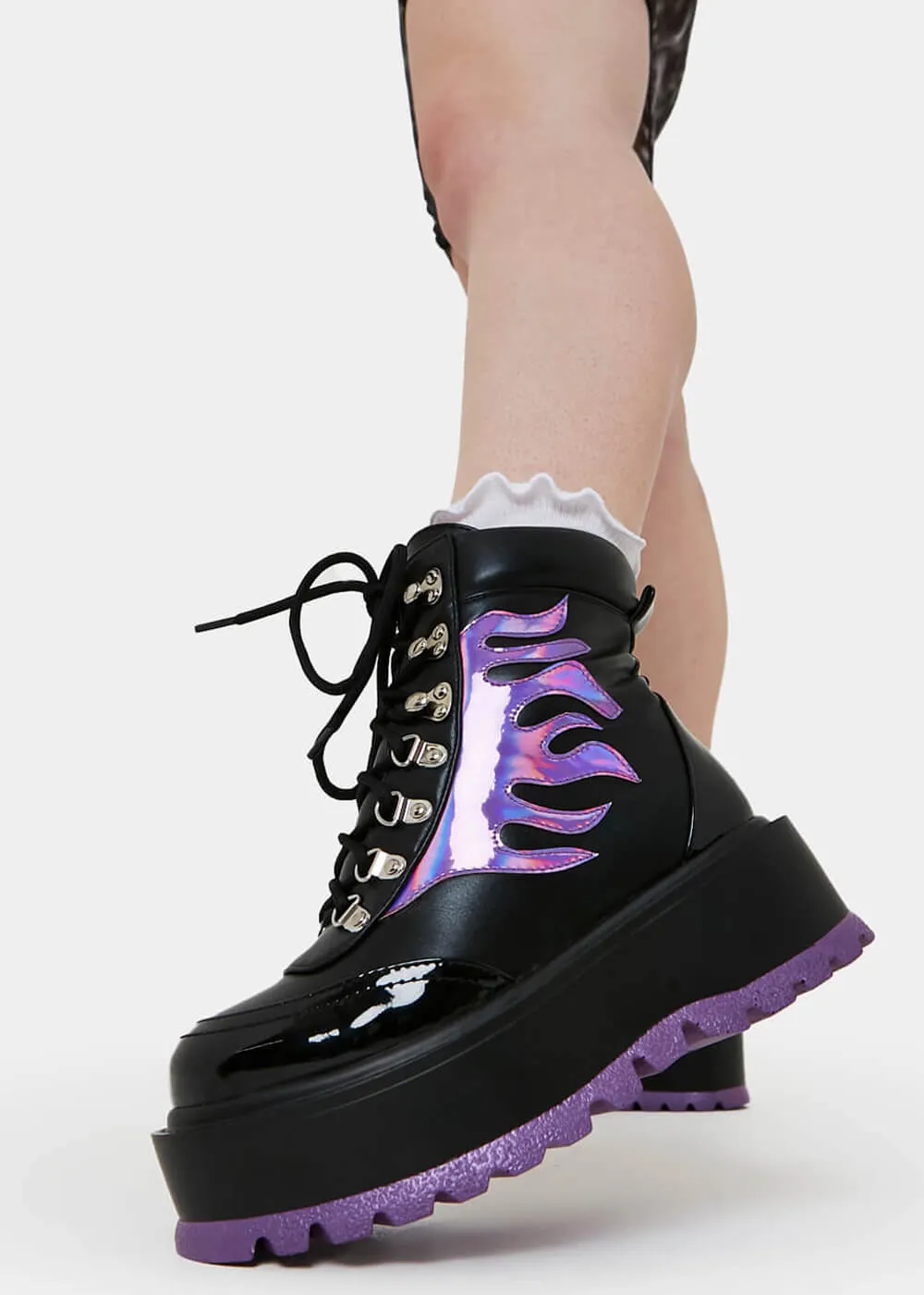 Koi Footwear Helios Hologram Flames Platform Boots Black Purple