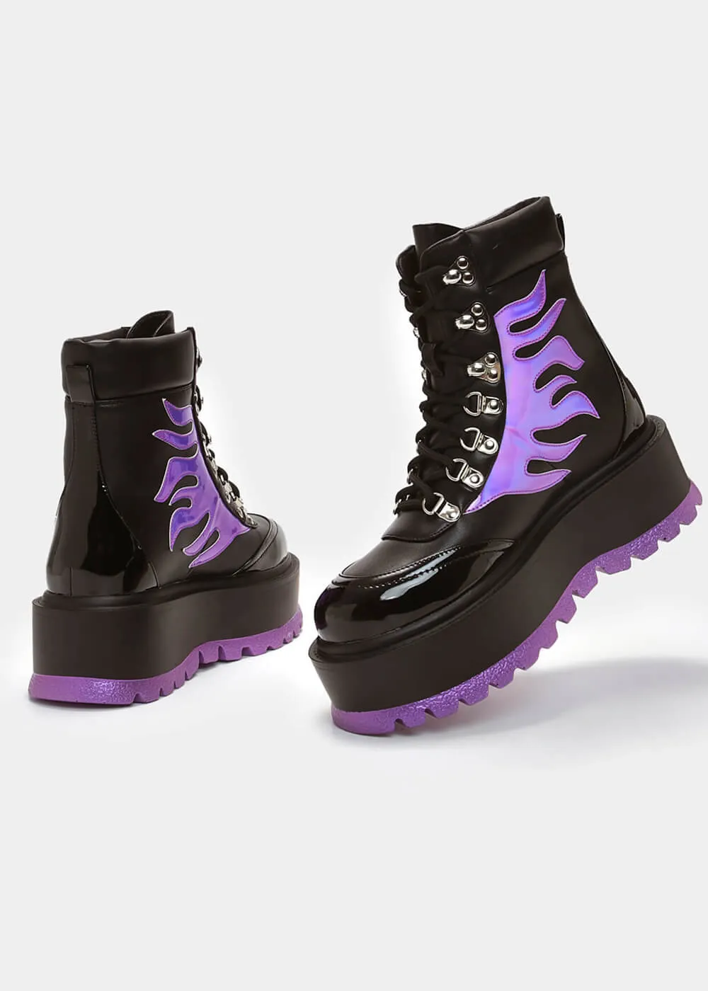 Koi Footwear Helios Hologram Flames Platform Boots Black Purple