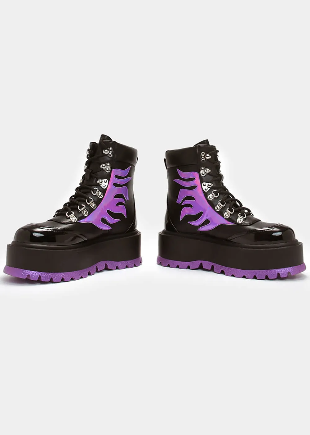 Koi Footwear Helios Hologram Flames Platform Boots Black Purple