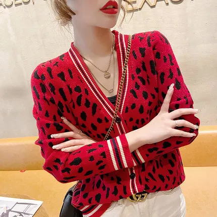 Long Sleeve Leopard Jacquard Knitted Cardigan Sweaters Women 2021 Autumn Winter New Korean Casual Knitwear Clothes Tops Female W