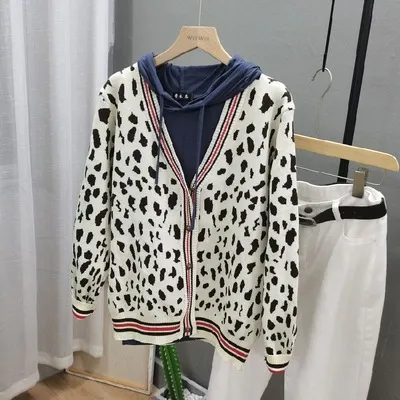 Long Sleeve Leopard Jacquard Knitted Cardigan Sweaters Women 2021 Autumn Winter New Korean Casual Knitwear Clothes Tops Female W