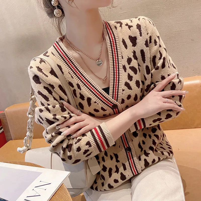 Long Sleeve Leopard Jacquard Knitted Cardigan Sweaters Women 2021 Autumn Winter New Korean Casual Knitwear Clothes Tops Female W