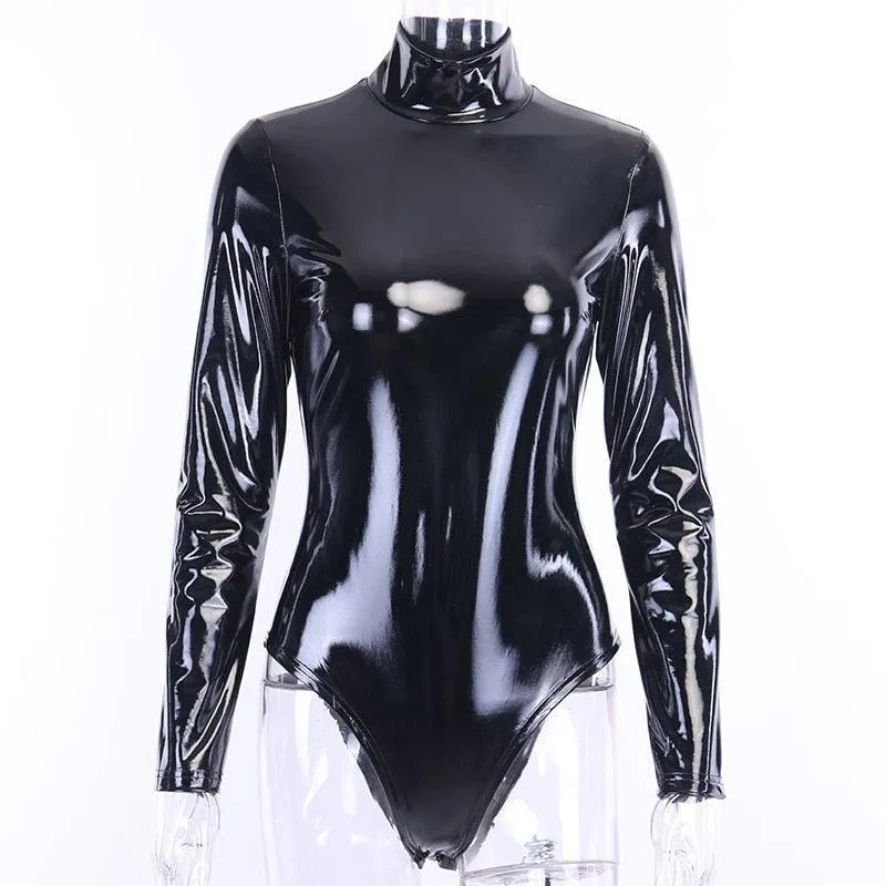 Long Sleeve PU Leather Bodysuit Slim Turtleneck Body Suit