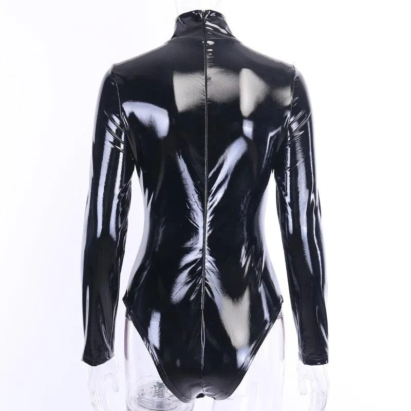 Long Sleeve PU Leather Bodysuit Slim Turtleneck Body Suit