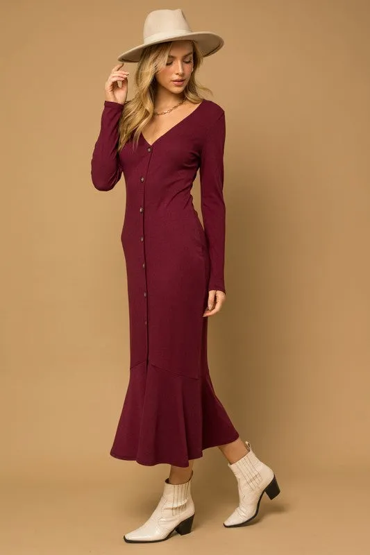 LONGSLEEVE V NECK BUTTON DOWN MERMAID MAXI DRESS