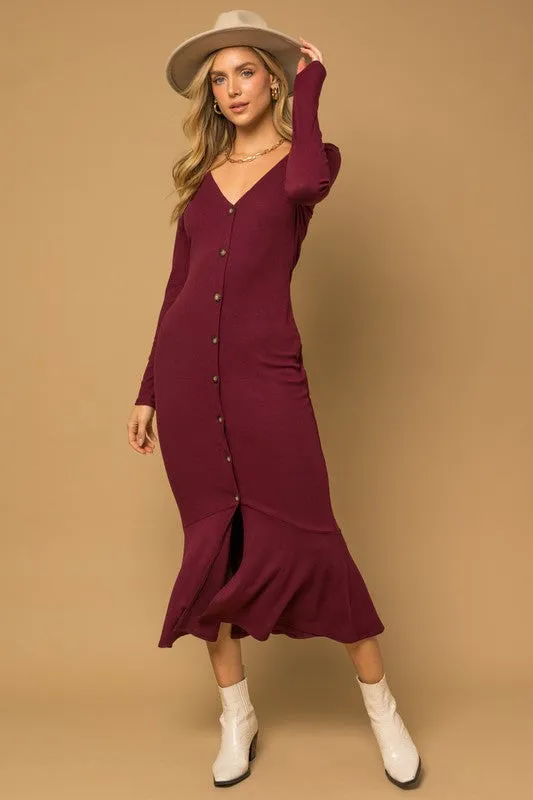 LONGSLEEVE V NECK BUTTON DOWN MERMAID MAXI DRESS