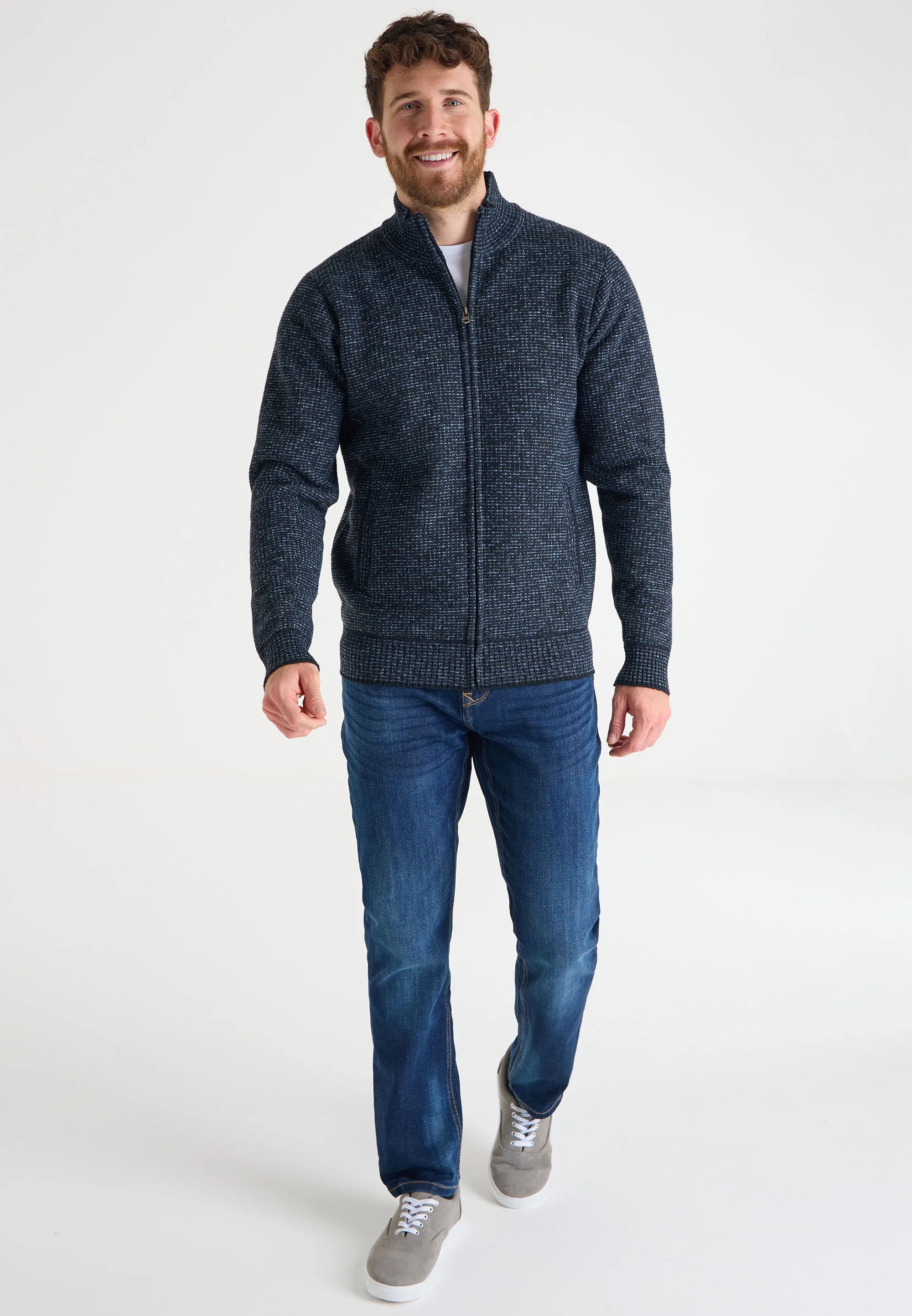 Mens Blue Sherpa Zip Through Knitted Cardigan