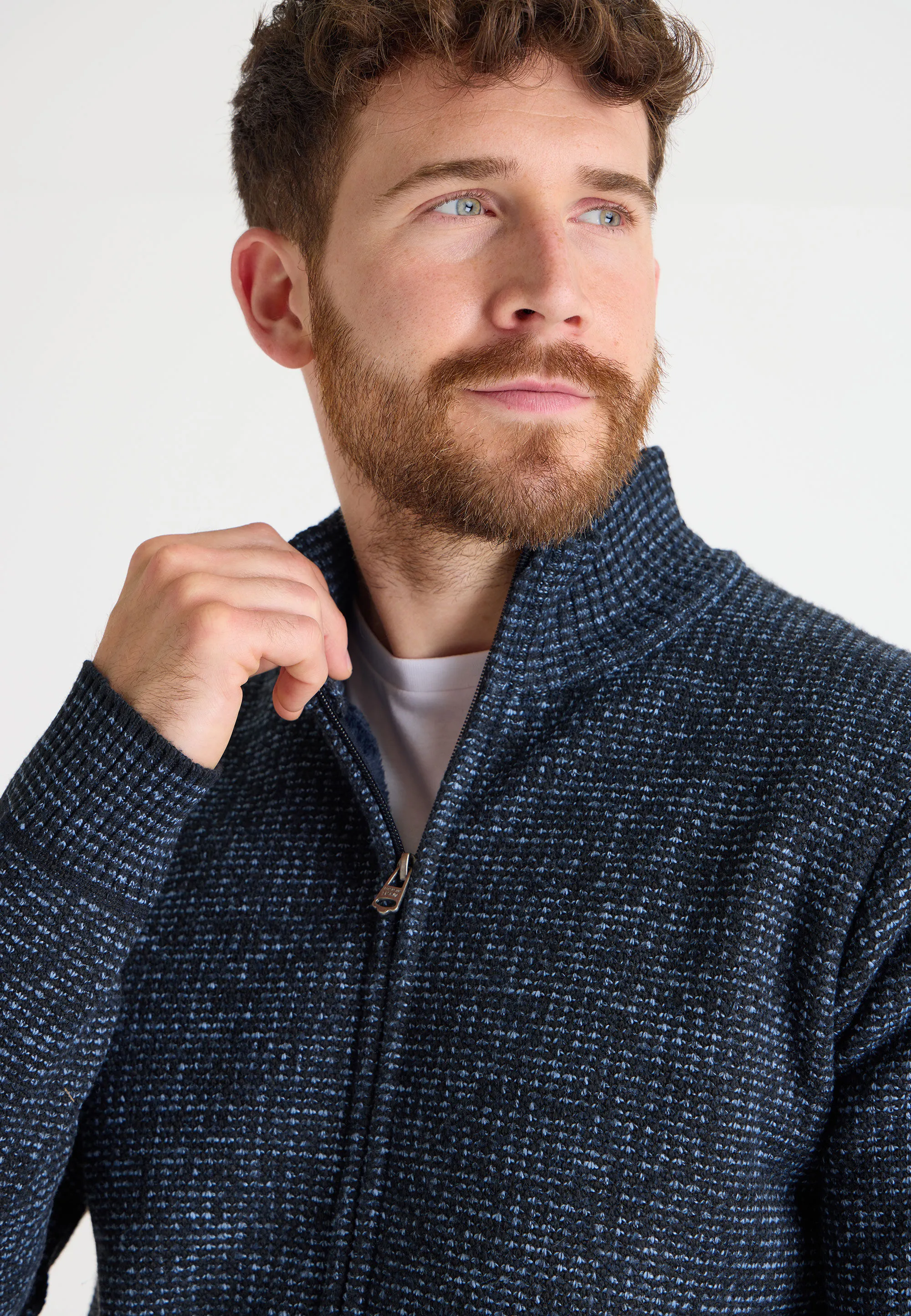 Mens Blue Sherpa Zip Through Knitted Cardigan