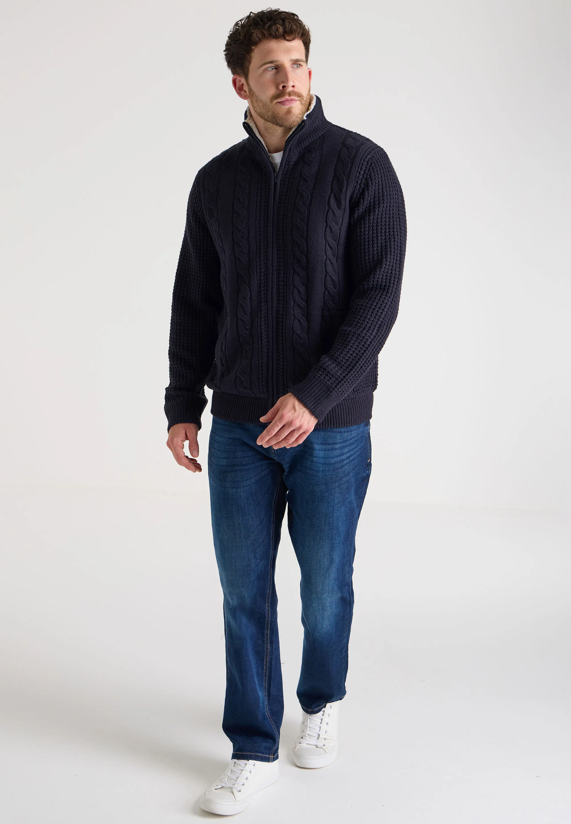 Mens Navy Heavy Sherpa Zip Through Cardigan