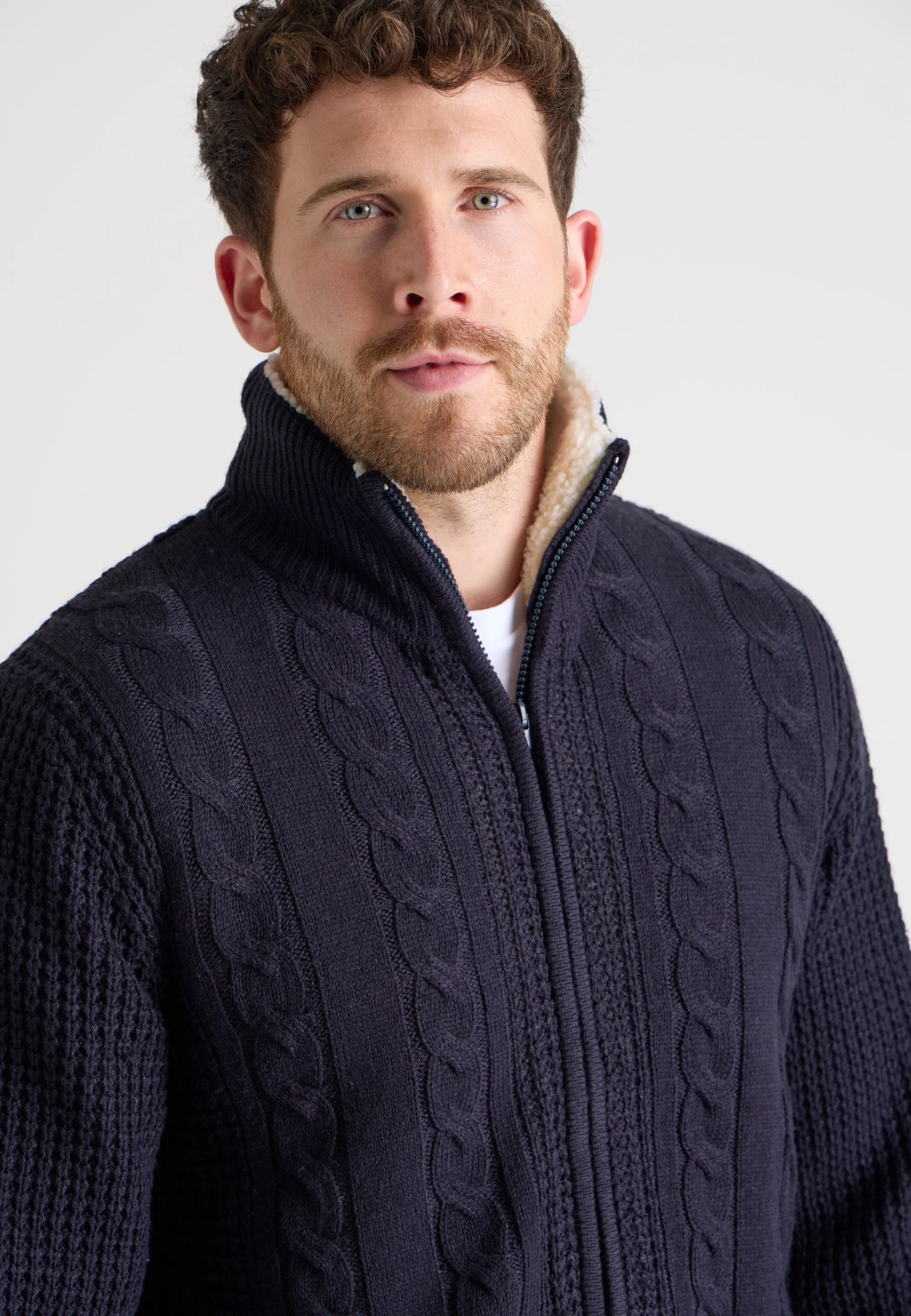 Mens Navy Heavy Sherpa Zip Through Cardigan