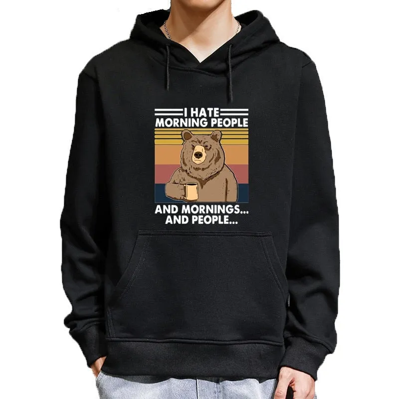 Men's Winter Casual I Hate Morning People Bear Funny Printed Hoodie