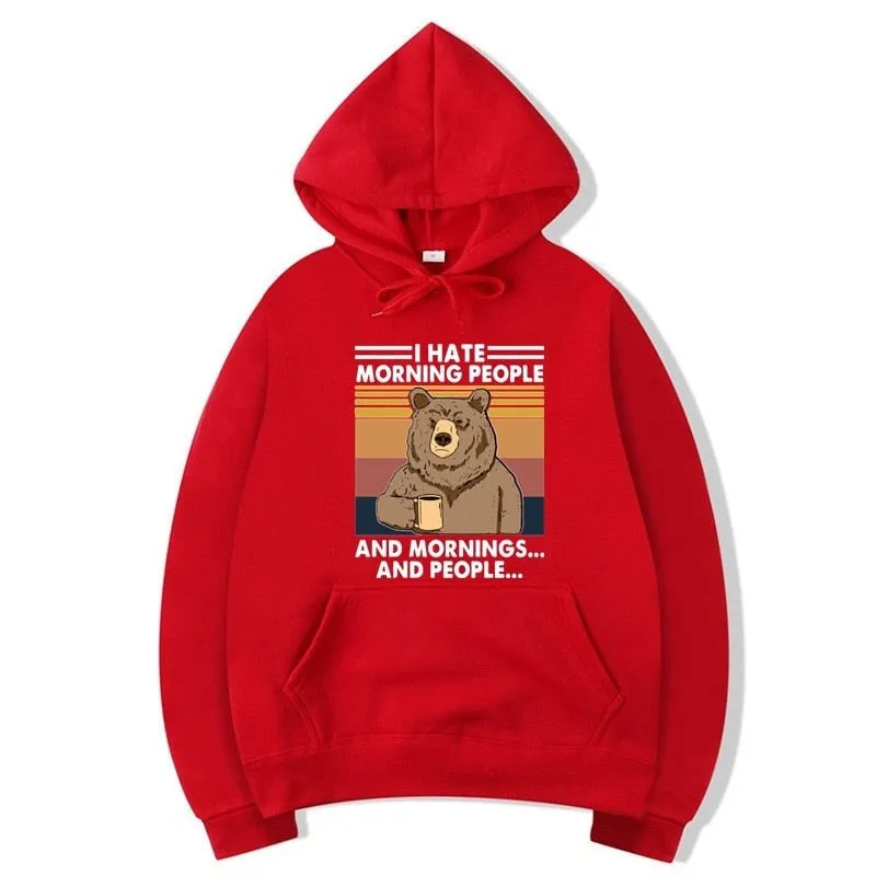 Men's Winter Casual I Hate Morning People Bear Funny Printed Hoodie