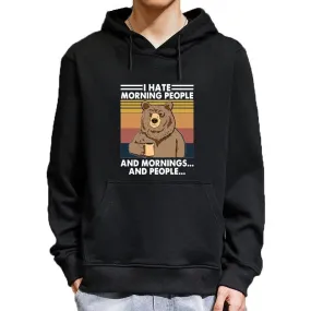 Men's Winter Casual I Hate Morning People Bear Funny Printed Hoodie