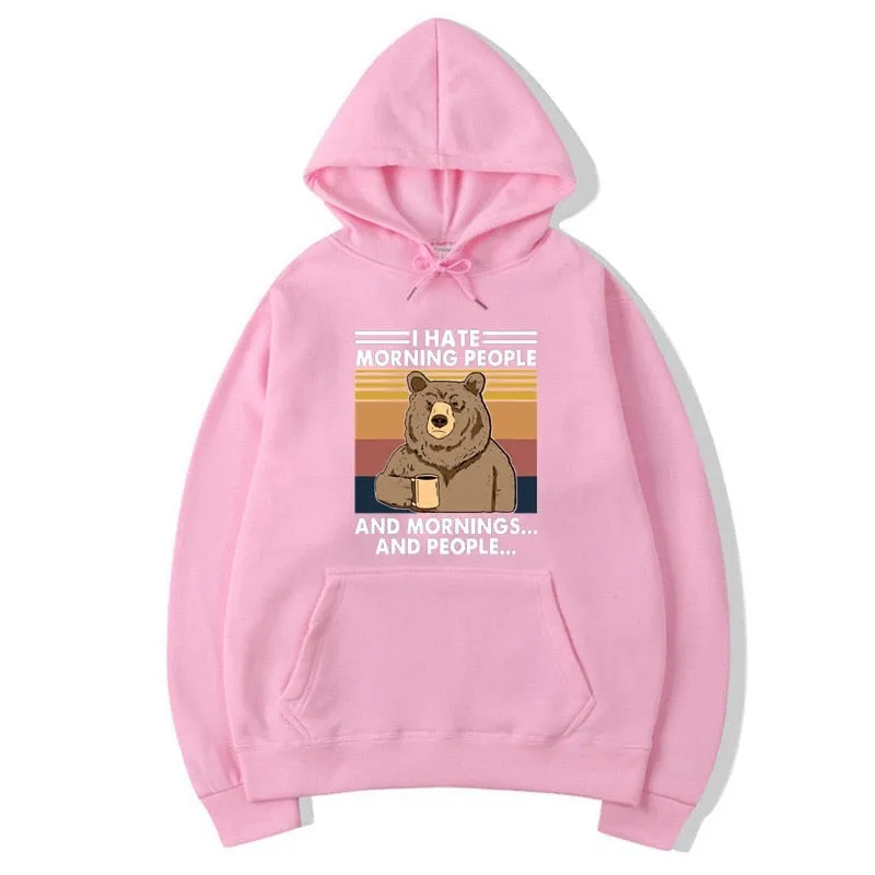 Men's Winter Casual I Hate Morning People Bear Funny Printed Hoodie