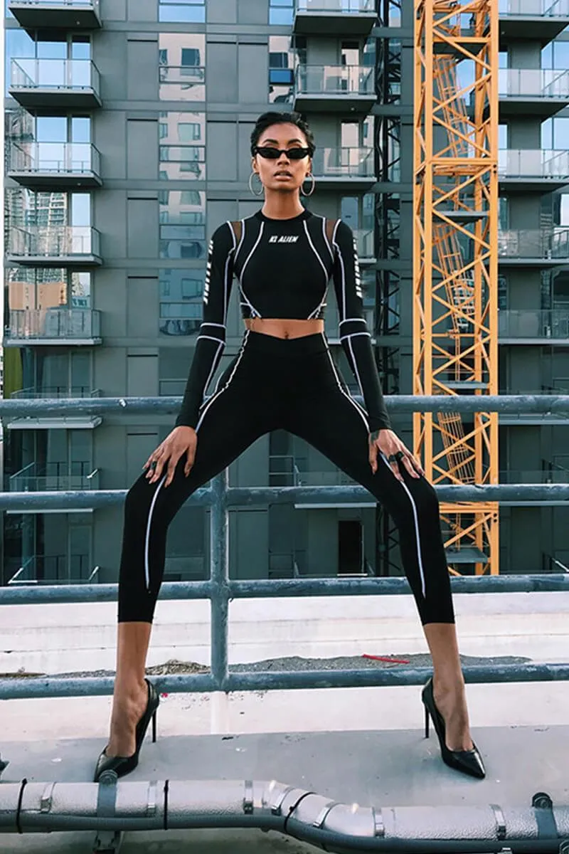 Mesh Patchwork Contrast Piping Crop Top & Leggings