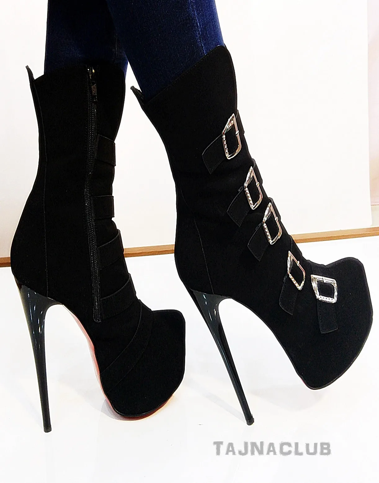 Midcalf Belt Buckle Black Boots Platform High Heel Shoes