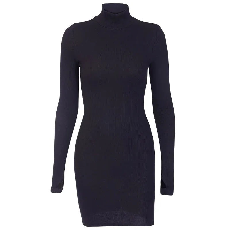 Missakso Sexy Bodycon Dress Long Sleeve Solid Turtleneck Mini Dress