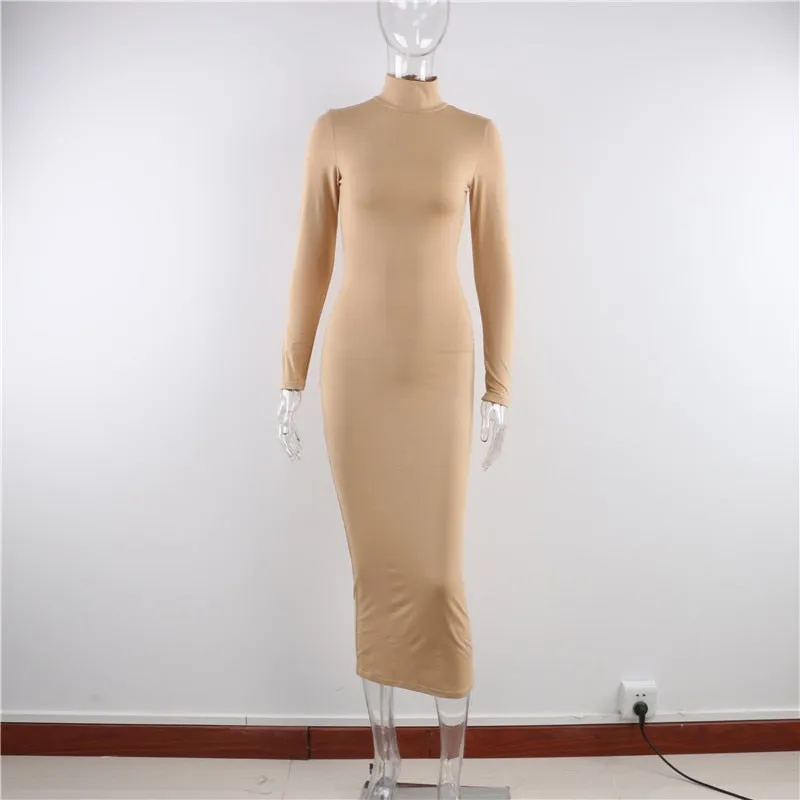 Nadafair Turtleneck Long Sexy Bodycon Dress With Long Sleeves