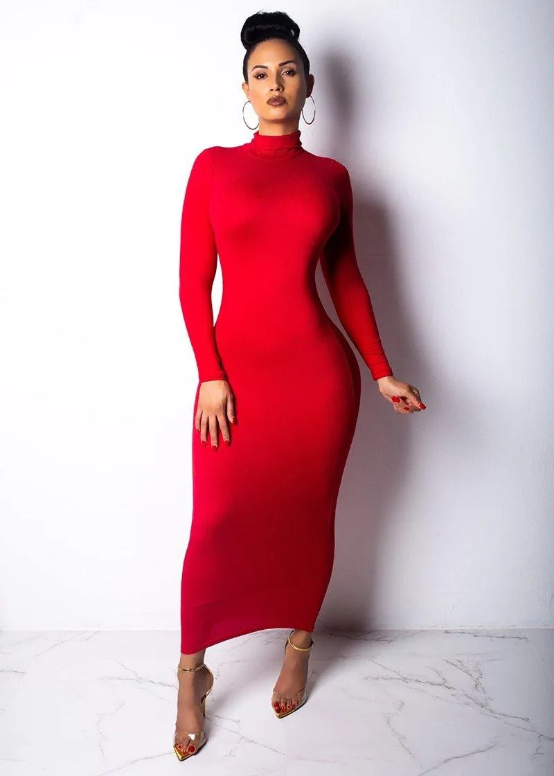 Nadafair Turtleneck Long Sexy Bodycon Dress With Long Sleeves