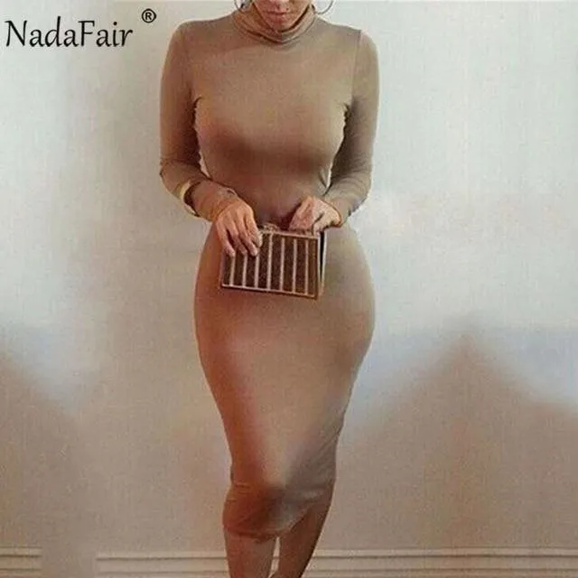 Nadafair Turtleneck Long Sexy Bodycon Dress With Long Sleeves