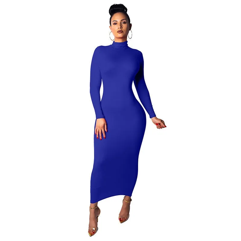 Nadafair Turtleneck Long Sexy Bodycon Dress With Long Sleeves