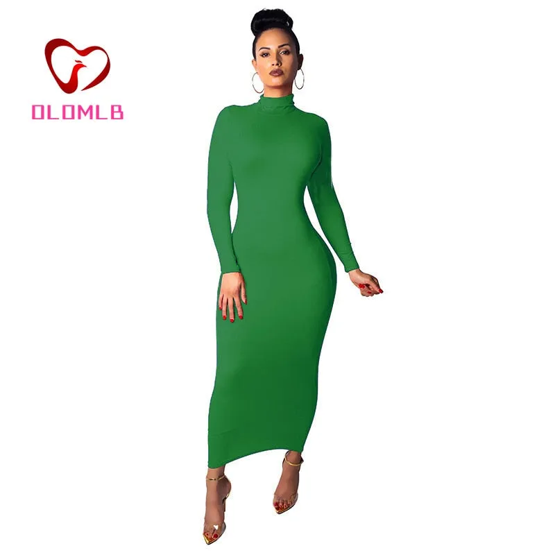 Nadafair Turtleneck Long Sexy Bodycon Dress With Long Sleeves