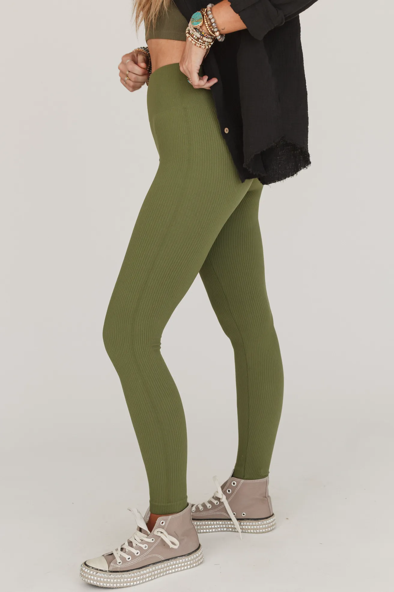 Oona High Rise Ribbed Leggings - Light Olive