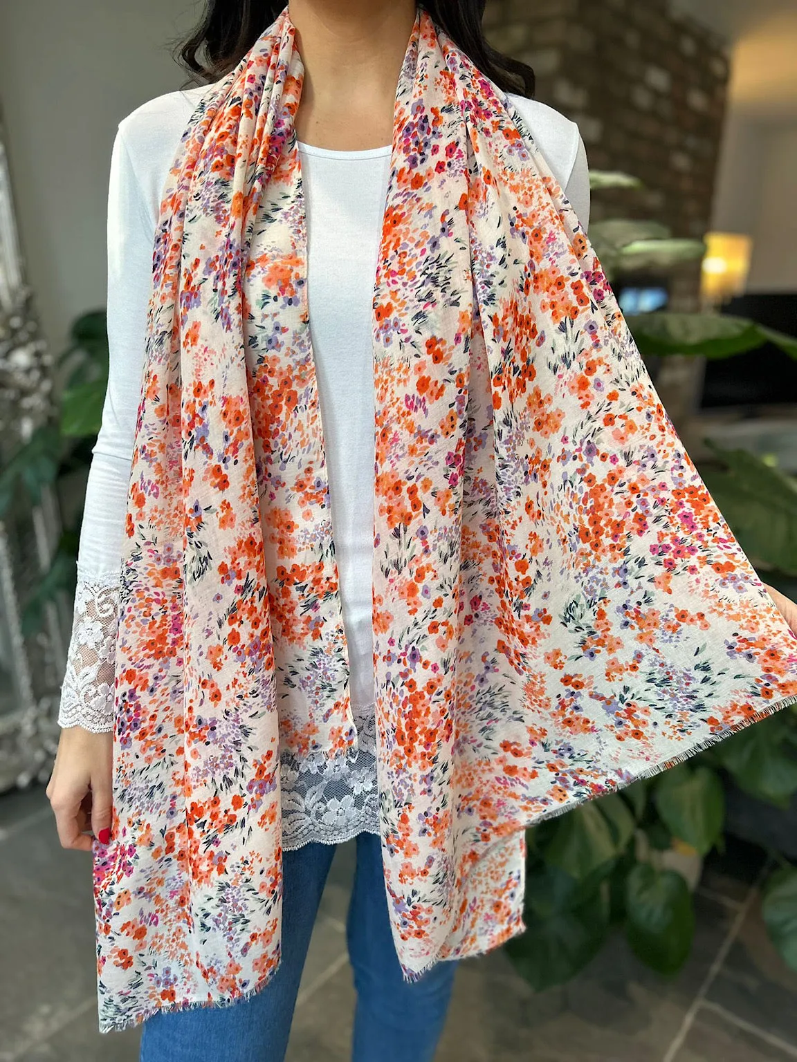 Orange Spring Floral Raw Edge Scarf