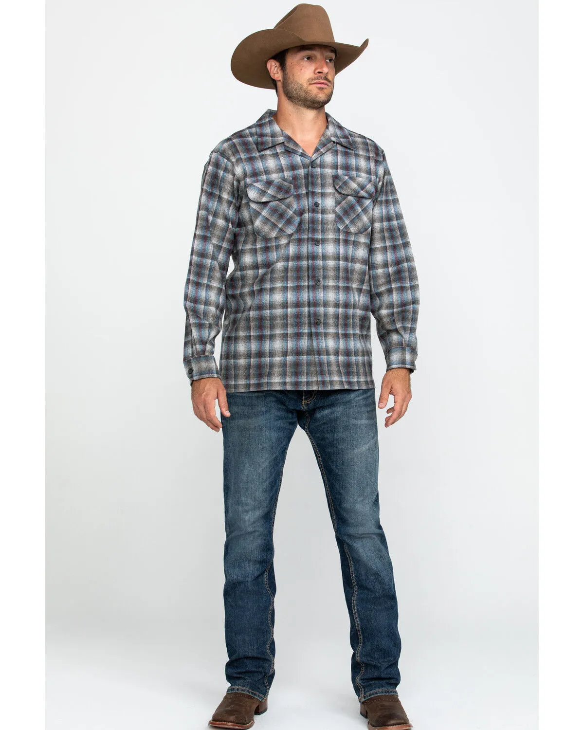 Product Name:  Pendleton Men's Gray Board Oxford Plaid Long Sleeve Western Shirt